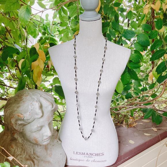 VTG West Germany 46" Smoky Gray Faceted Plastic Bead Necklace Glass Box Clasp - Picture 2 of 11